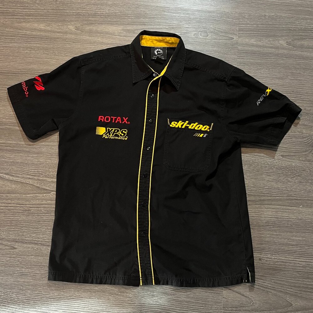 BRP Ski-doo Shirt Women Large Black Yellow Short Sleeve Button Up Logo Pockets